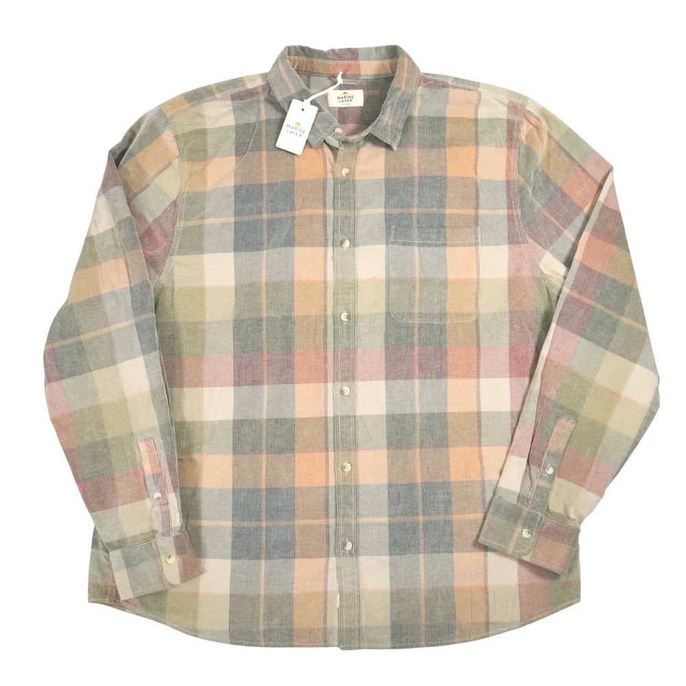Marine Layer LS Lightweight Cord Shirt Mens XXL Brown Plaid Fall 2023 Cotton NWT
